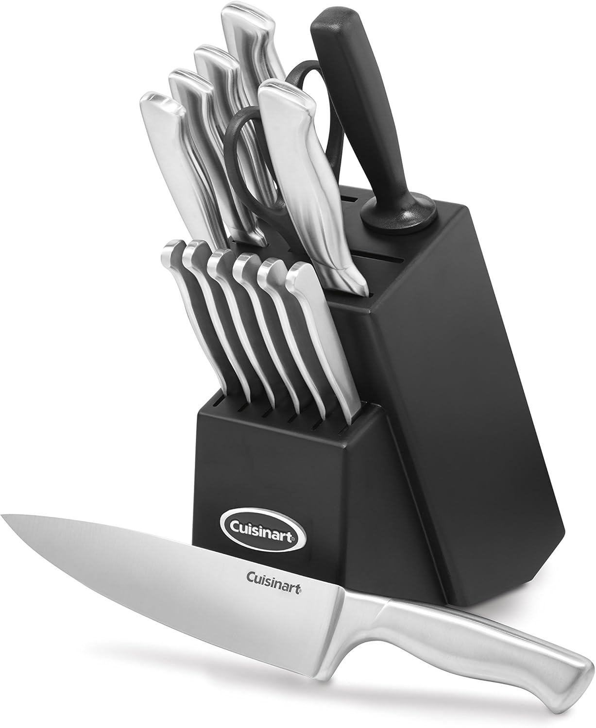 Cuisinart knife set with block, featuring multiple stainless steel knives and a sharpening steel. Suitable for kitchen essentials shopping