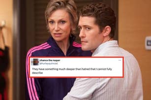 Jane Lynch and Matthew Morrison in an office scene from "Glee," with a tweet about deep feelings onscreen