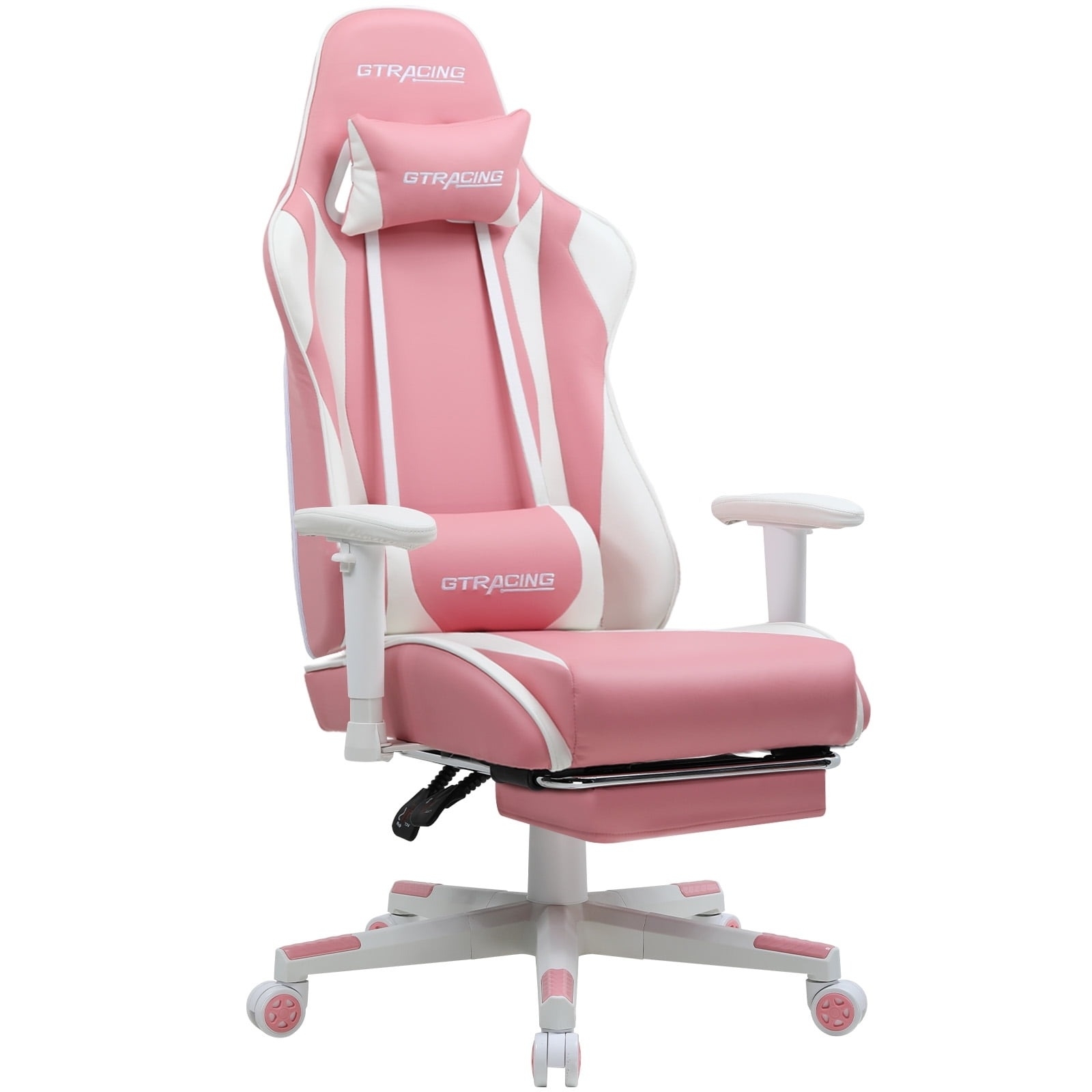 A pink and white gaming chair with footrest from GTRacing, featuring adjustable armrests and headrest