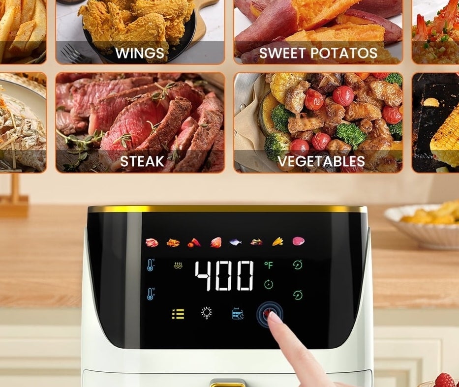 Air fryer with LED display, featuring 8 cooking presets: fries, wings, sweet potatoes, shrimps, fish, steak, vegetables, and corns