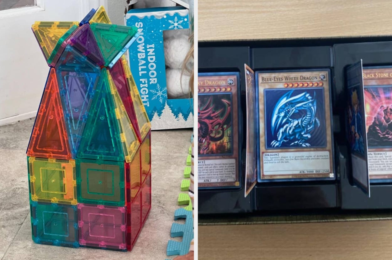 A tower of magnetic tiles on the left and Yu-Gi-Oh! cards displayed in a binder on the right