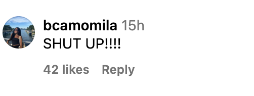 Instagram comment by user bcamomila: "SHUT UP!!!!" with 42 likes and a reply option