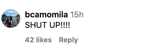 Instagram comment by user bcamomila: &quot;SHUT UP!!!!&quot; with 42 likes and a reply option