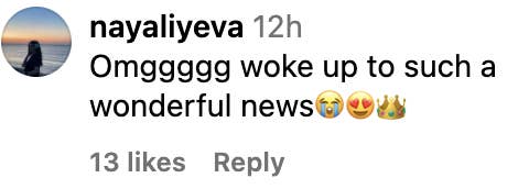 Social media post by user nayaliyeva: &quot;Omggggg woke up to such a wonderful news&quot; with emojis of a crying face, heart eyes, and a crown