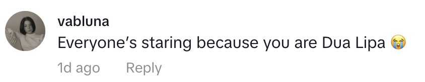 Comment saying, "Everyone’s staring because you are Dua Lipa," with a crying emoji
