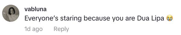 Comment saying, &quot;Everyone’s staring because you are Dua Lipa,&quot; with a crying emoji