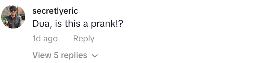 Comment by secretlyeric reads, "Dua, is this a prank!?" with an option to view 5 replies