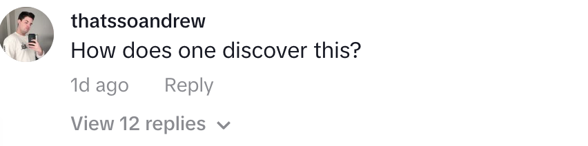 A social media comment by user thatsoandrew asking, "How does one discover this?" with options to reply or view 12 replies