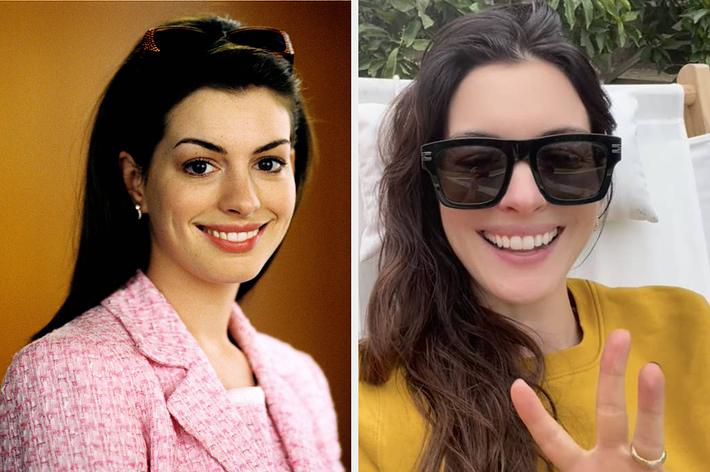 Two photos of a smiling woman with long hair; one formal in a pink outfit, one casual in sunglasses and a yellow top