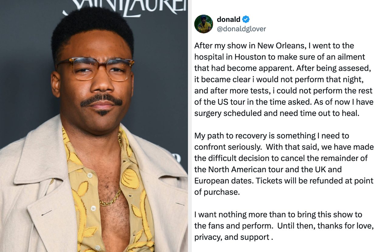 Donald Glover in glasses and patterned shirt with an afro and mustache. Beside him is a message about canceling a tour due to health reasons