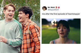 Two scenes: Left shows two smiling people, right has a tweet from Mr. Matt with a crying person referencing 