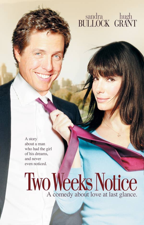 Sandra Bullock playfully holds Hugh Grant&#x27;s tie on a movie poster for &quot;Two Weeks Notice,&quot; a romantic comedy