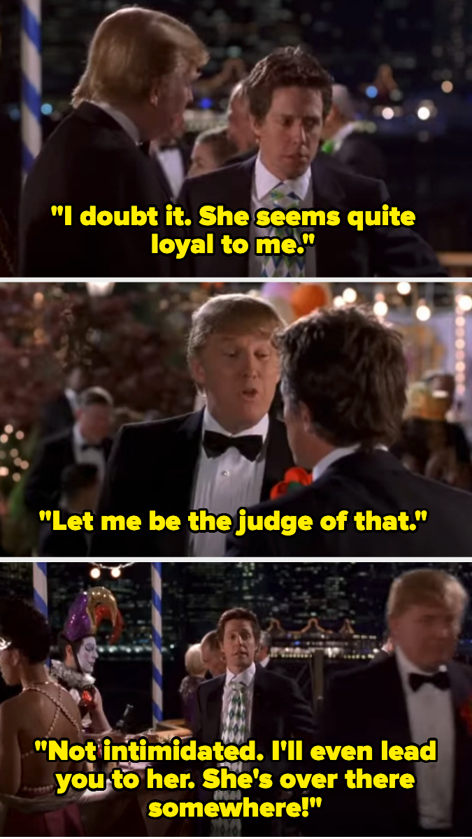 Three-panel scene from a movie with two men wearing tuxedos, having a conversation about a woman's loyalty amidst a party setting