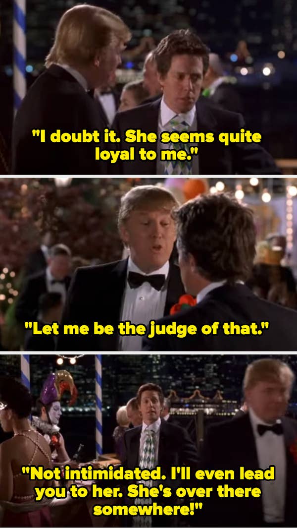 Three-panel scene from a movie with two men wearing tuxedos, having a conversation about a woman&#x27;s loyalty amidst a party setting