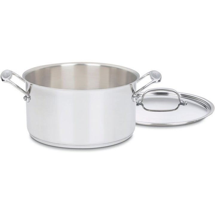 A stainless steel pot with two handles and a matching lid, suitable for cooking