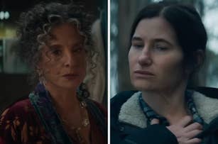 Two women appear in separate scenes. The left woman has curly hair with accessories. The right woman is outdoors, wearing a plaid shirt and coat