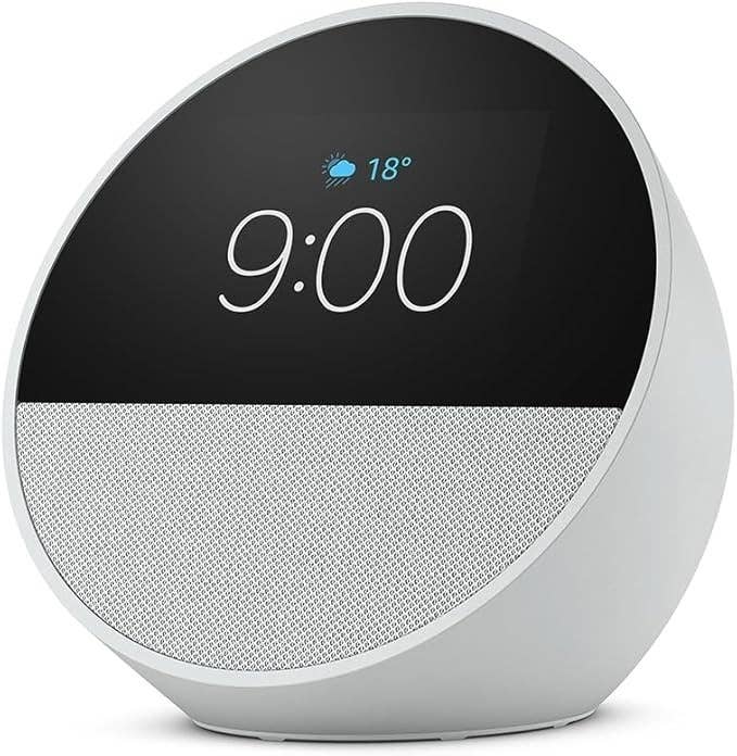 Smart speaker with a digital display showing 9:00 and a weather icon with 18 degrees