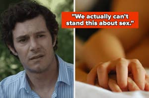 I don't know who these people are. Image shows a man looking concerned on the left and a close-up of clasped hands on the right