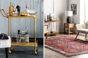 Stylish home interior with a gold bar cart featuring bottles and glasses, alongside a cozy living space with a patterned rug and modern decor
