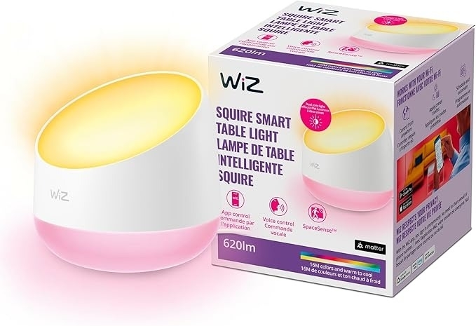 WiZ Squire Smart Table Light with app control and voice compatibility, shown with packaging highlighting features like color options and brightness