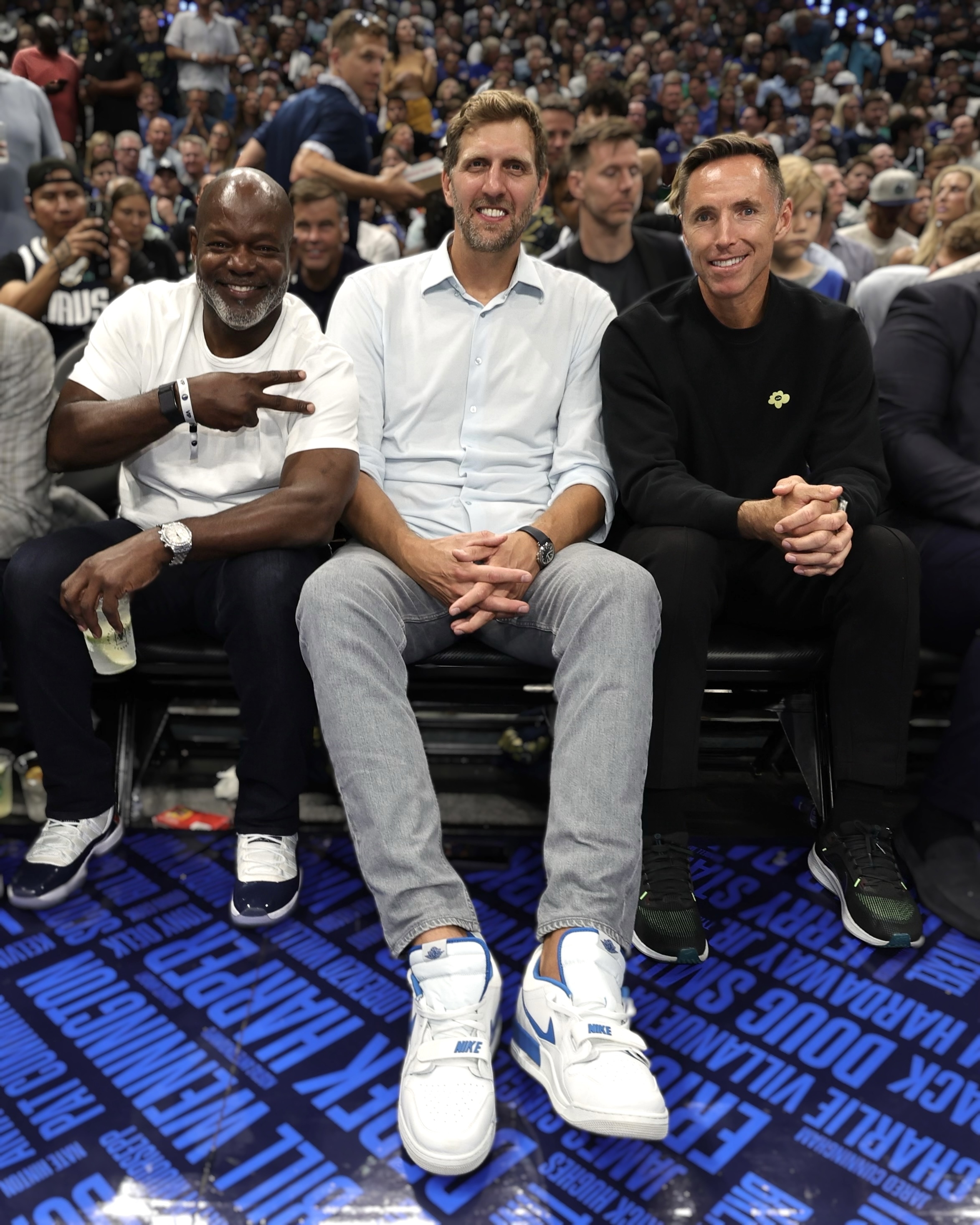 Emmitt Smith (center) attends the NBA finals Game 3 Boston Celtrics vs. Dallas Mavericks in 2024 with Dirk Nowitzki (center) and Steve Nash (right).