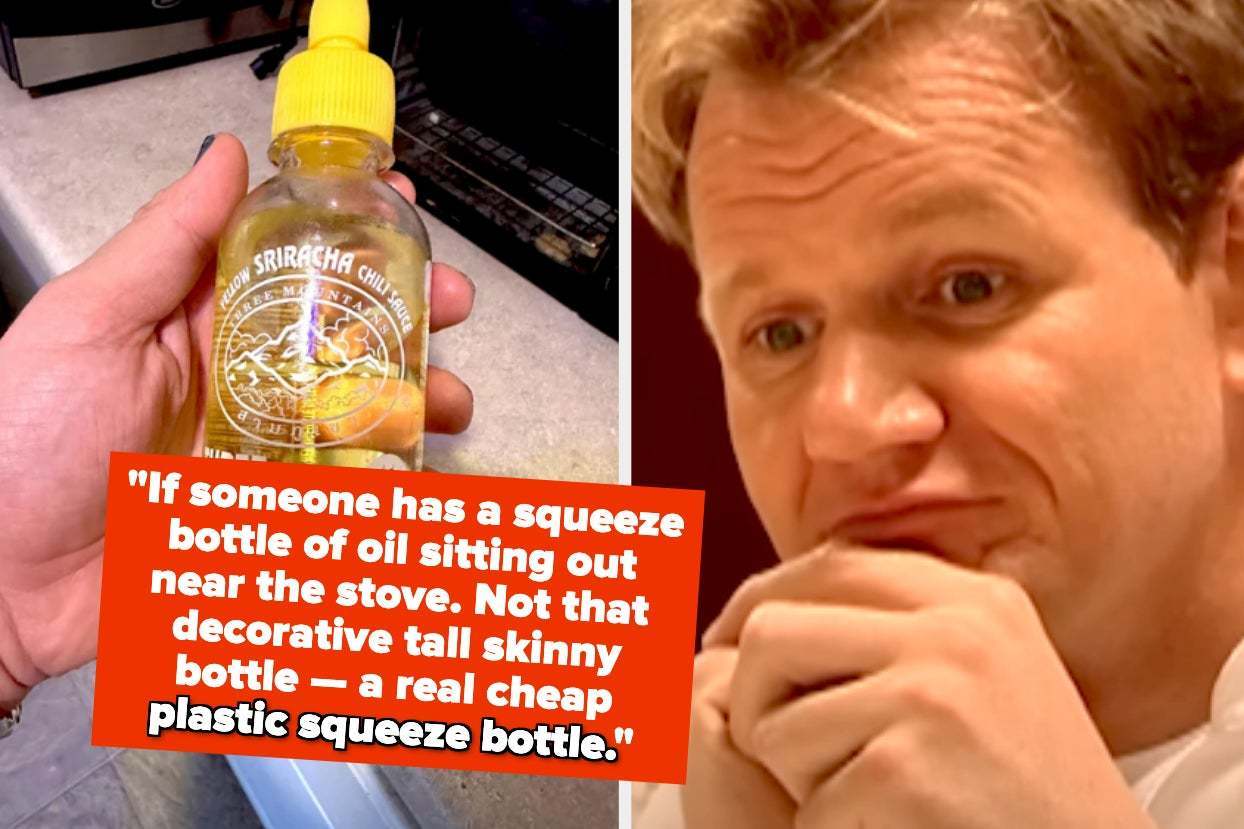 A person holding a sriracha squeeze bottle next to an image of a chef looking unimpressed. Text on the left discusses keeping a squeeze bottle by the stove