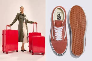 on the left three red suitcases, on the right faded red old skool vans