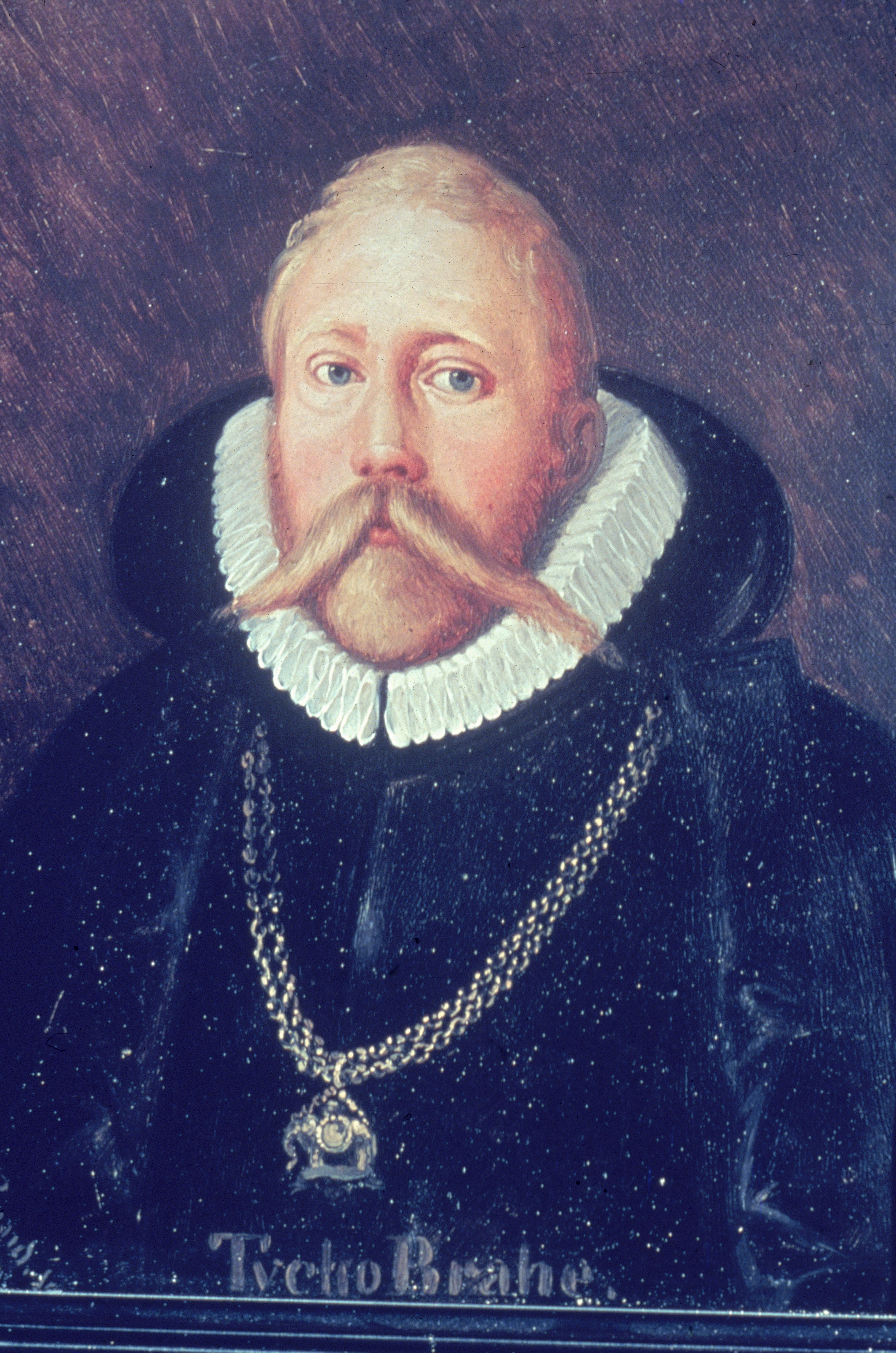 Portrait of Tycho Brahe wearing a dark outfit with a ruffled collar and a gold chain