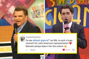 Don Francisco and Marcelo Hernández on TV show sets, with a social media comment praising Latin American representation on SNL