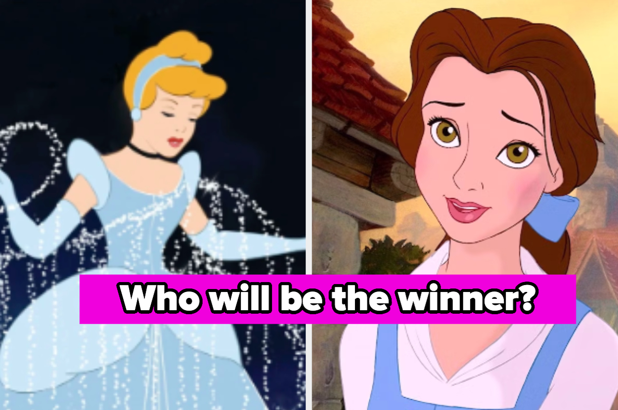 Cinderella in a sparkling gown and Belle wearing a simple blue dress are side by side. Text: "Who will be the winner?"