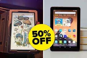 Two tablets side by side, one displaying a mushroom illustration and the other showcasing a selection of apps on its home screen