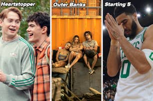 Heartstopper and Outer Banks stars laughing; Outer Banks actors lounging; Starting 5 athlete in Celtics jersey, head bowed, hands clasped