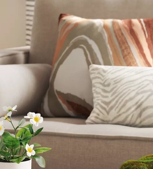 Cozy living room with a beige sofa, abstract and zebra-striped pillows, a potted white flower, a moss bowl, and a modern lamp on a side table