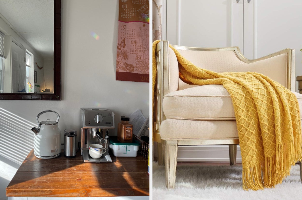 Cozy home setup with a tea station and a cream armchair adorned with a yellow throw blanket. Perfect for adding warmth to your living space