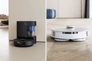 Robotic vacuum cleaner with a charging base (left) and a floor-cleaning robot with spinning pads (right) in home settings