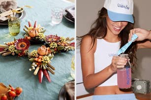 Lego floral table centerpiece on the left; person on the right wearing a tank top and cap, using a Waterboy drink mix