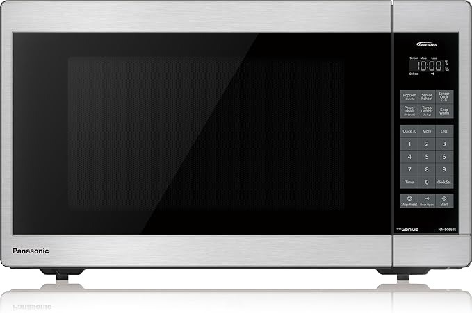 Panasonic microwave with digital display showing time and control panel featuring various cooking options