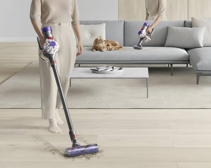 A person vacuums a living room floor near a gray sofa with a cat resting on it, showcasing a cordless vacuum in a shopping context
