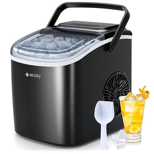 Portable ice maker with scoop, ice cubes, and a glass of iced tea