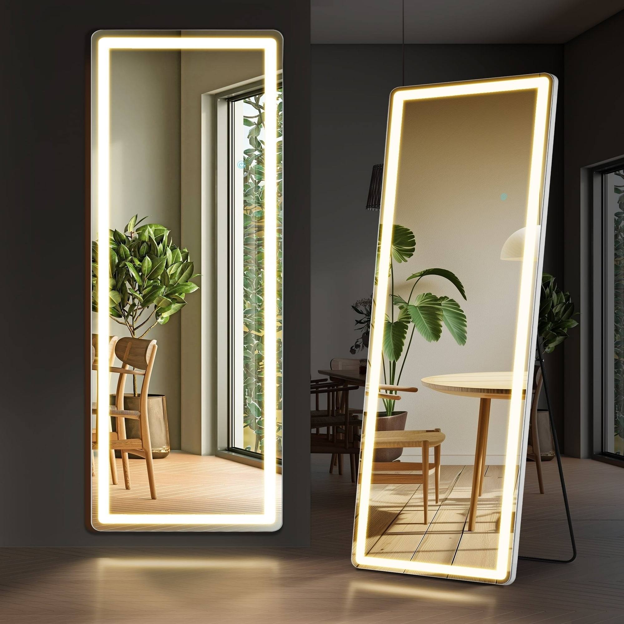 Tall standing mirrors with LED frames reflect a modern dining room with plants and minimal decor