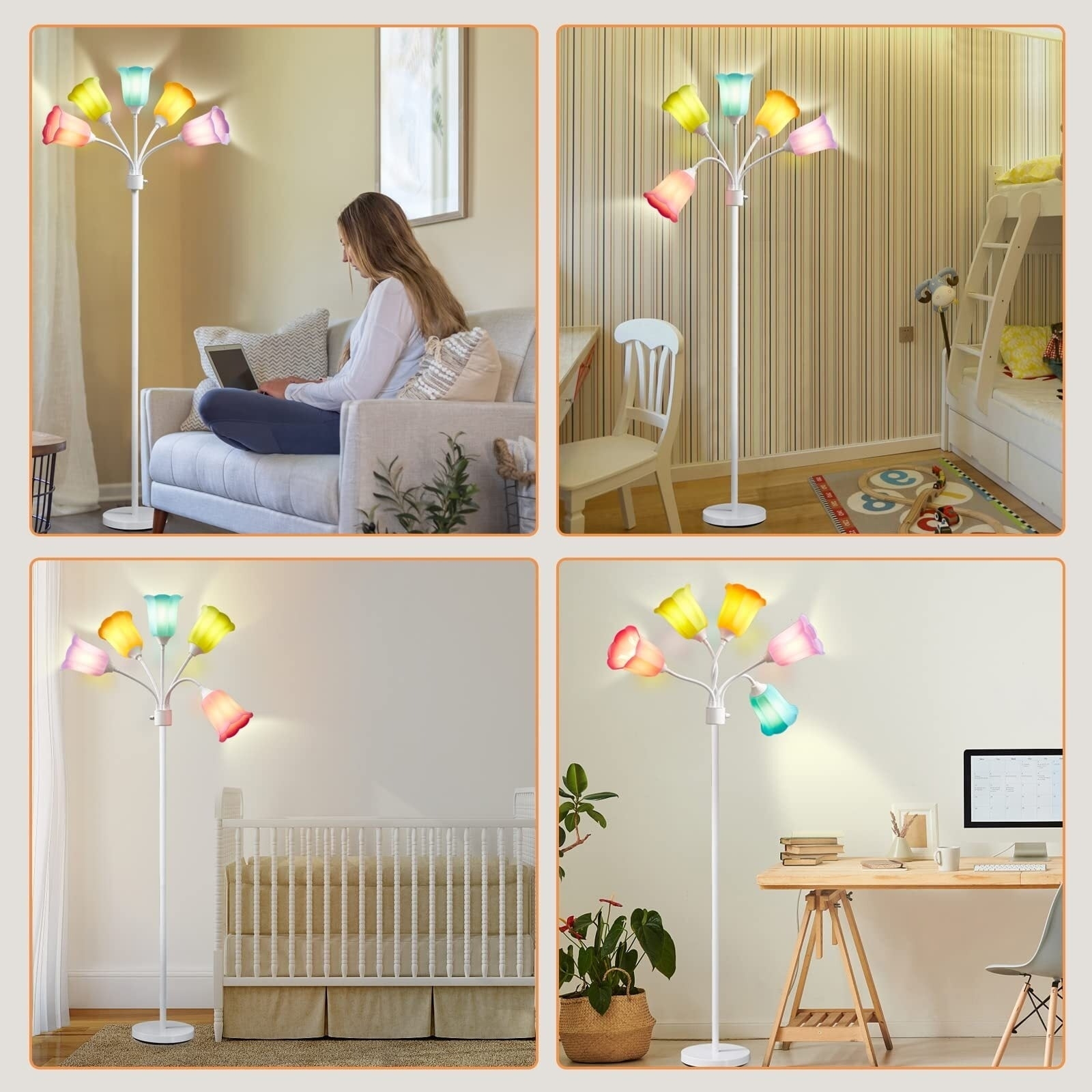 Four modern, multi-colored floor lamps are shown in different room settings, including a living room, children&#x27;s room, nursery, and home office