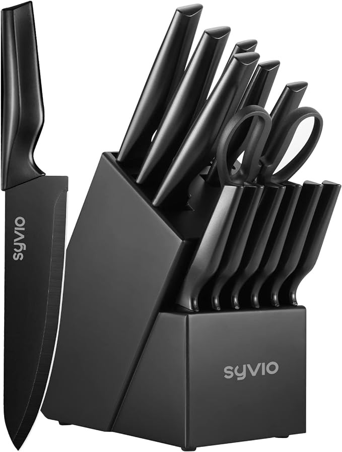 Knife set with black handles in a block, featuring the brand name &quot;Syvio.&quot; Includes a variety of knives and a pair of kitchen scissors