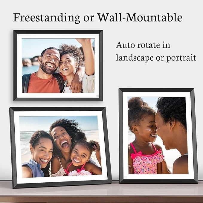 Three photo frames: two adults and a child smiling outside, and an adult and child playing on a beach. Text: &quot;Freestanding or Wall-Mountable. Auto rotate.&quot;