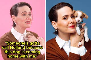 Two images of a Sarah Paulson holding a small dog, with text: 