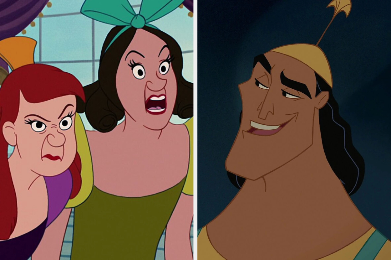 Drizella and Anastasia from Cinderella looking shocked; Kronk from The Emperor's New Groove smiling confidently