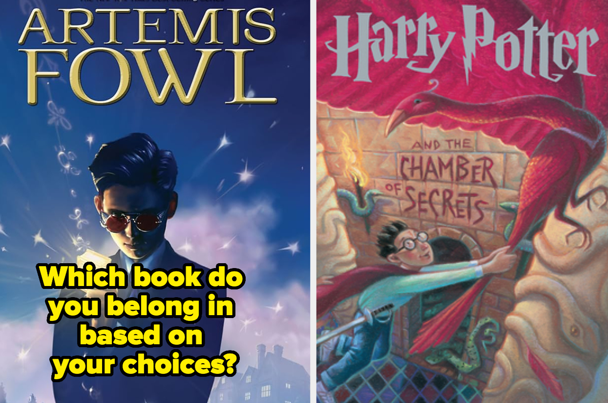 "Artemis Fowl" and "Harry Potter and the Chamber of Secrets" book covers side by side with text: "Which book do you belong in based on your choices?"