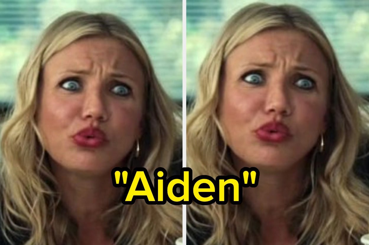 A woman with long, wavy hair and an expressive face is shown side by side with the text "Aiden" overlaid