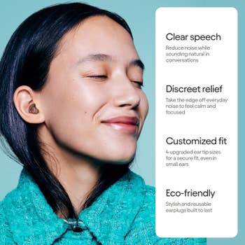 model wearing discreet earplugs, smiling with closed eyes. Text: