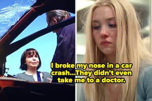 Two images: Left, a woman standing by a car with a damaged hood and a man. Right, a young woman with a bruised face. Text discusses a crash, no doctor
