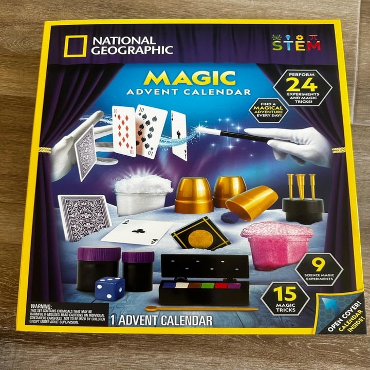 National Geographic Magic Advent Calendar packaging showing magic tricks and props, featuring 24 events, 9 mystery tricks, and 15 magic items